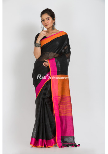 Premium Quality Fine Linen By Linen Saree With Contrast Color Border And Pallu (KR150)